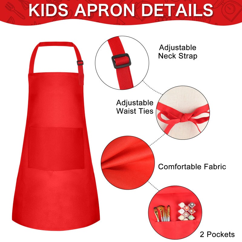 PLULON 4 Pcs Aprons for Kids Adjustable Kids Red Apron Bulk with Pocket Painting Aprons For Boys Girls Painting Cooking Baking (Red) - Image 4